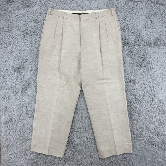 LL‎ Bean Pants Men 38.5x30 Beige Linen Blend VTG Made In Hong Kong Chino Pleated - Picture 1 of 11